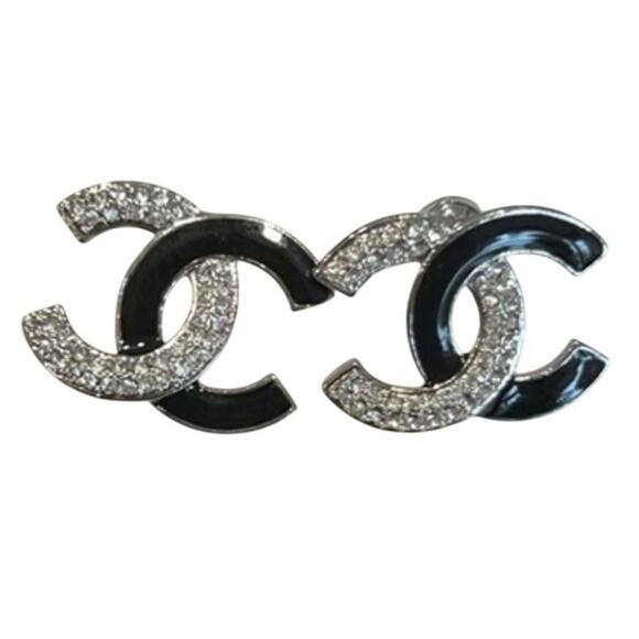 Chanel Silver & Black Crystal CC Stud Earrings Fall/Winter 2023 (CCXX035) - Picture 1 of 6